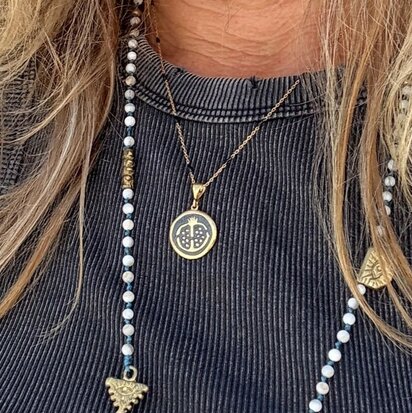 Fijne sterling zilveren ketting met gold doublure, zwarte onyx en granaatappel medaillon - handgemaakt in Istanboel