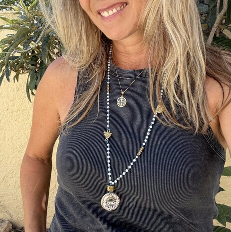 Fijne sterling zilveren ketting met gold doublure, zwarte onyx en granaatappel medaillon - handgemaakt in Istanboel